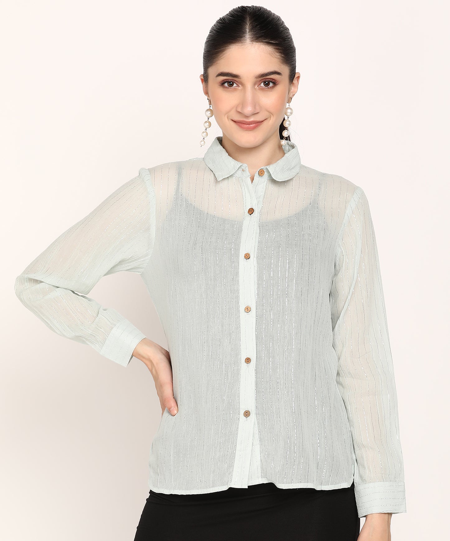 Women's White Sheer Stripe Shirt with Wooden Buttons