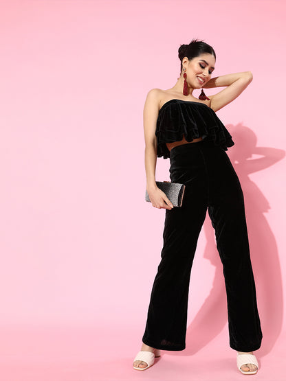 Chic Black Velvet Strapless Jumpsuit with Ruffled Detail – Fashion-Forward & Trendy