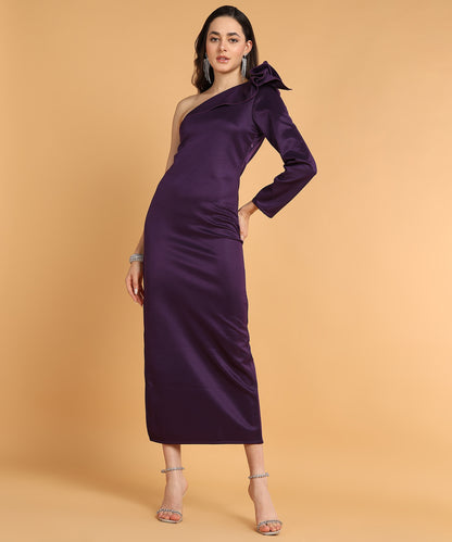 Purple One Shoulder Satin Bodycon Midi Dress with Dramatic Bow Sleeve for Women