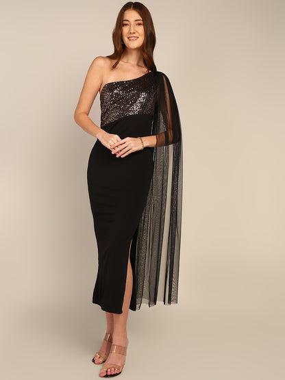 Elegant One-Shoulder Sequin Dress with Tulle Detail