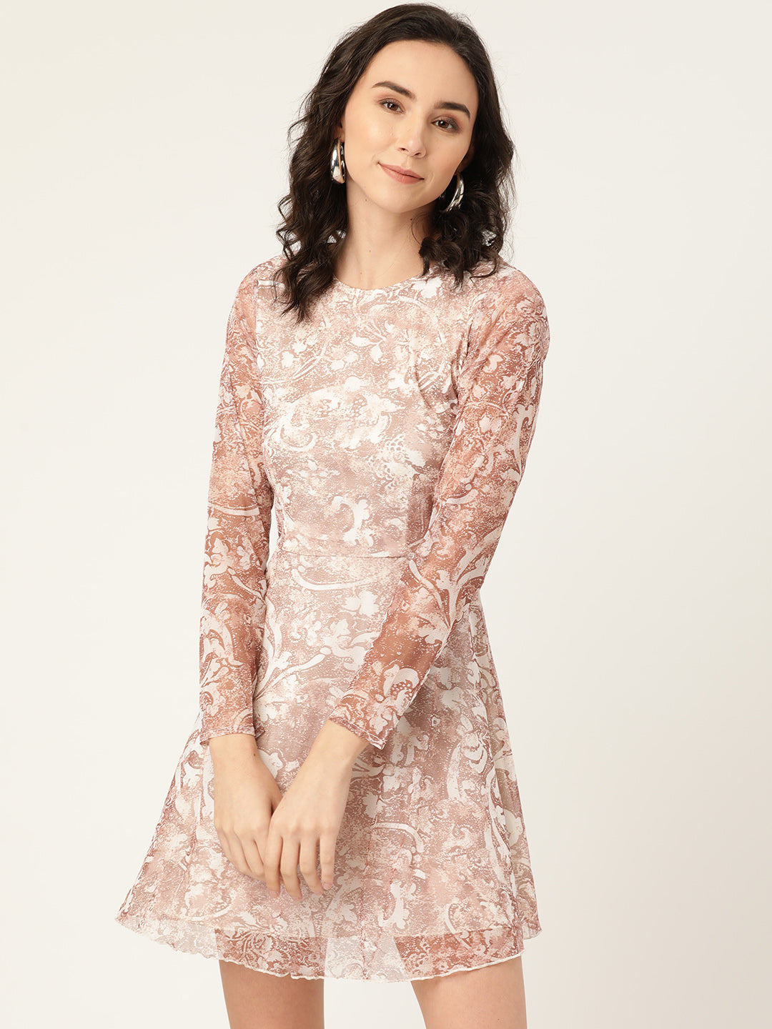 Elegant Pink Floral Mesh A-Line Mini Dress for Women – Long Sleeve Party Wear