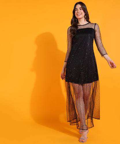 Black Sheer Net Party Dress with Sequins | Elegant Long Sleeve Evening Outfit