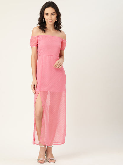 Chic Pink Off-Shoulder Maxi Dress for Women – Sheer Slit Party Wear Summer Outfit