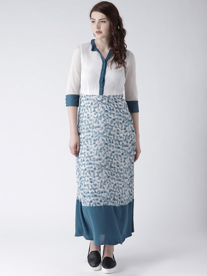 Women's Blue and White Printed Long Kurta with Shirt Collar and 3/4 Sleeves