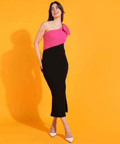 Pink and Black One Shoulder Bodycon Dress | Stylish Evening Party Wear