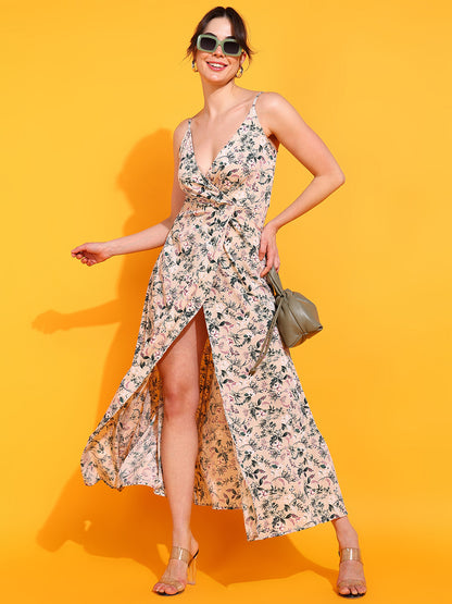 Floral Spaghetti Strap Maxi Dress for Women with Front Slit and V Neck