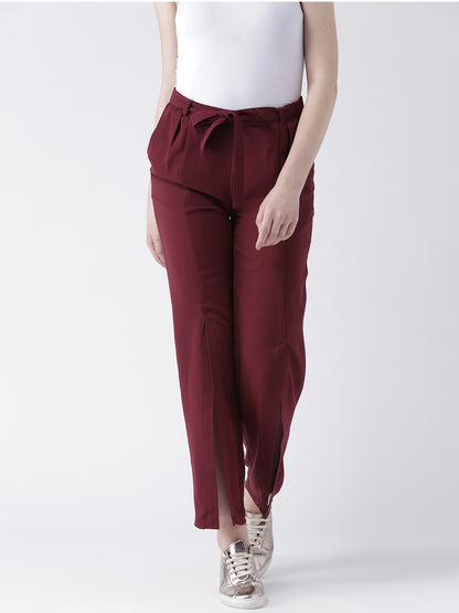 Maroon High Waist Slit Hem Trousers for Women with Tie-Up Belt