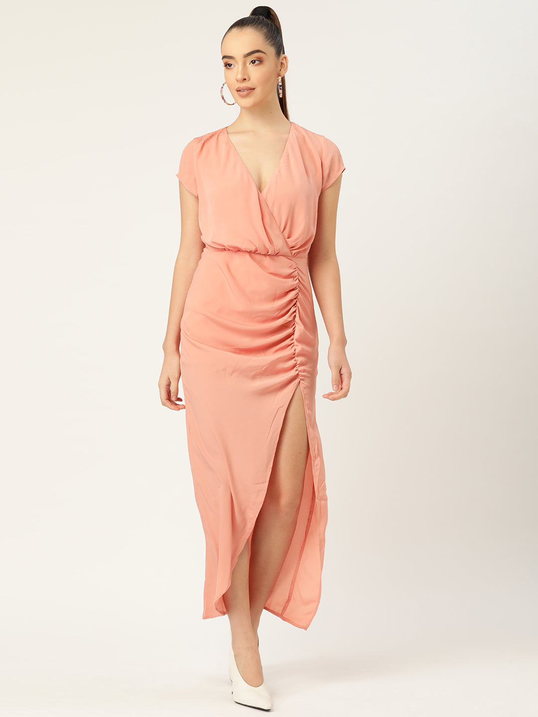 Women Peach Wrap Maxi Dress with Ruched Detail and High Slit