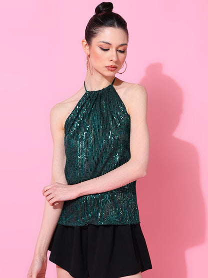 Green Sequin Halter Neck Top for Women – Party & Evening Wear