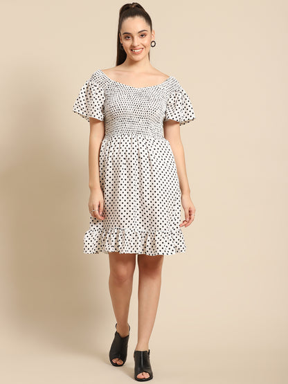 White Polka Dot Smocked Mini Dress for Women | Off Shoulder Ruffle Hem