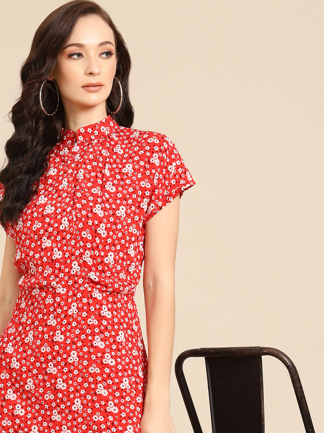 Red Floral Midi Dress for Women – High Neck Short Sleeve Summer Dress with Ruffle Hem