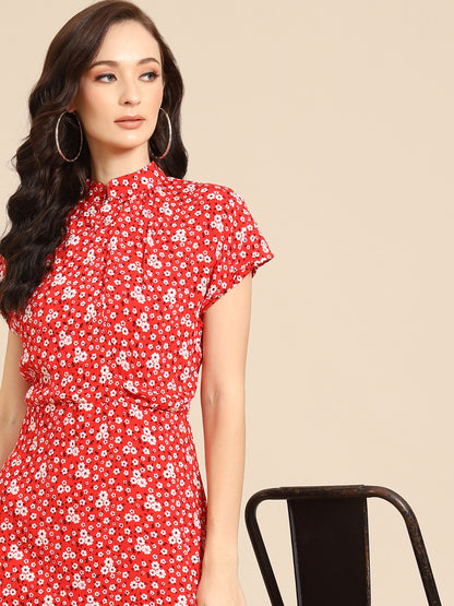 Red Floral Midi Dress for Women – High Neck Short Sleeve Summer Dress with Ruffle Hem