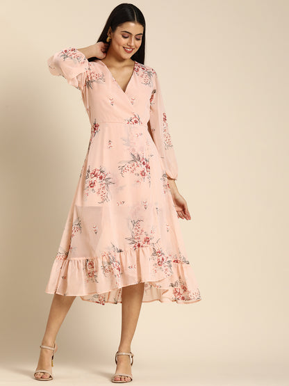 Elegant Peach Floral Midi Dress with Ruffle Hem & Puff Sleeves Romantic Daywear