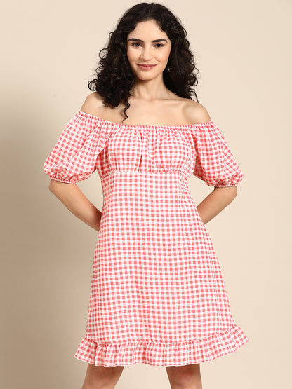 Pink Checks Print Off-Shoulder Dress for Women – Puff Sleeves & Ruffle Hem Summer Outfit