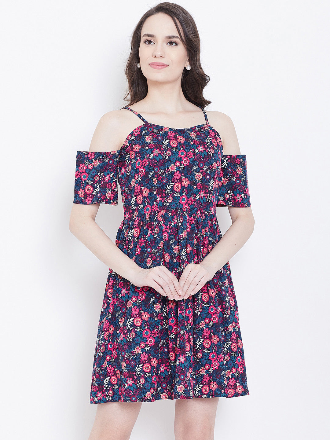 Cold Shoulder Navy Blue Floral Dress with Spaghetti Straps