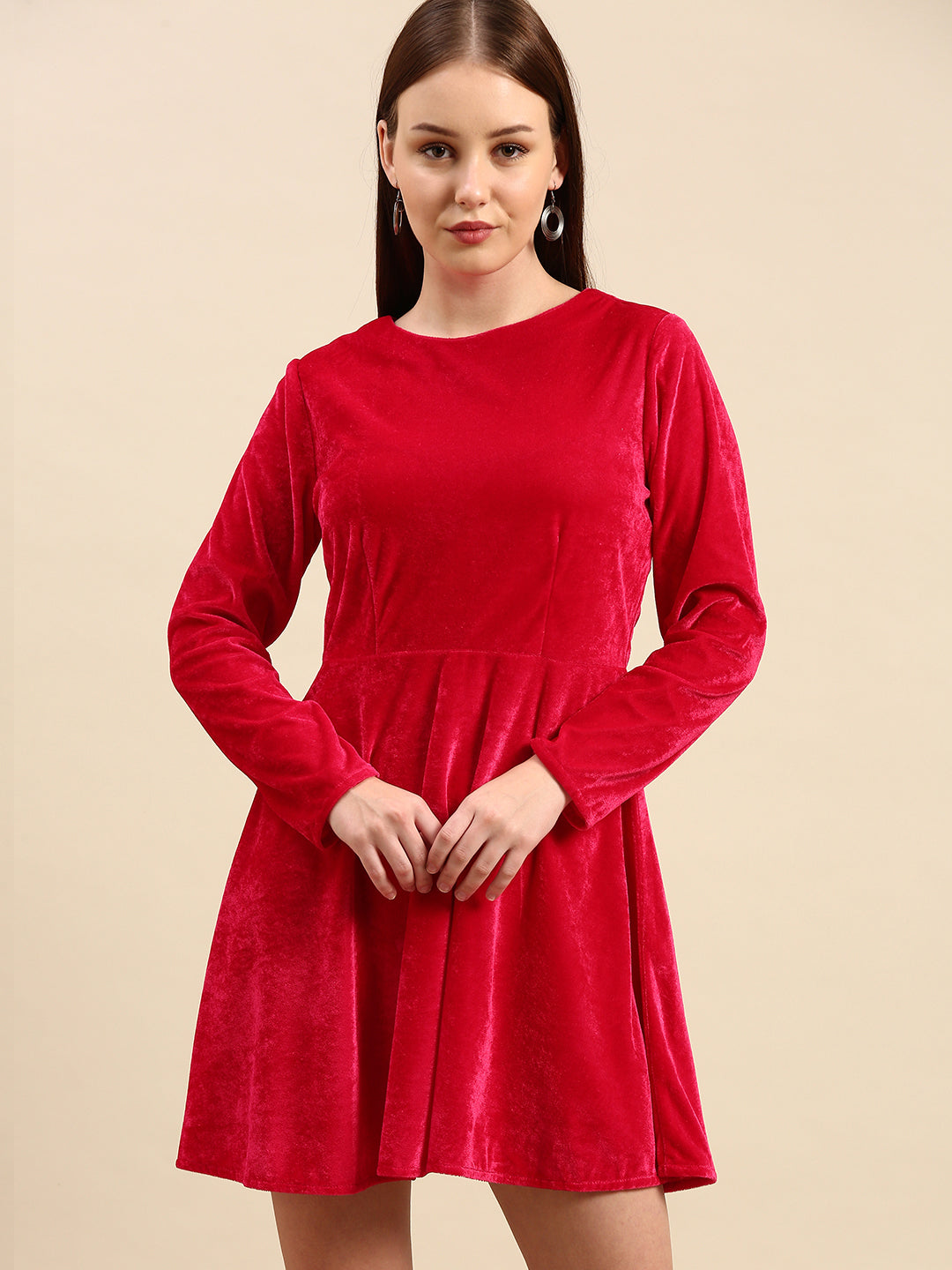Red Velvet Skater Dress - Long Sleeve, Soft & Elegant