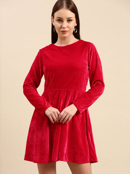 Red Velvet Skater Dress - Long Sleeve, Soft & Elegant