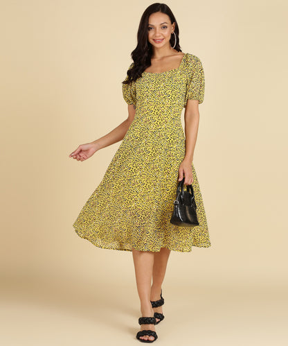 Yellow Color Animal Print Dress