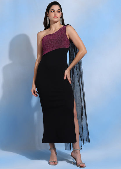 Women’s One Shoulder Pink Glitter and Black Bodycon Maxi Dress with Side Slit