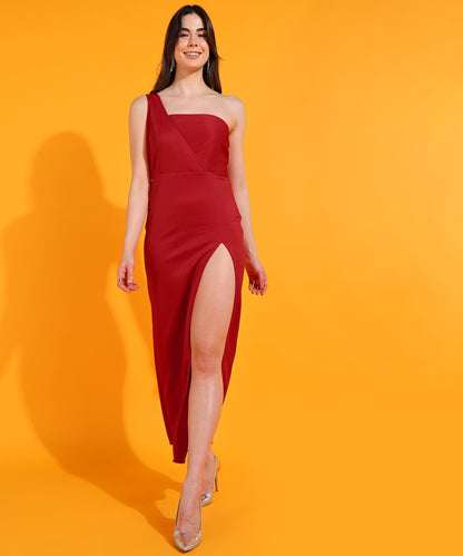 Elegant One Shoulder Red Evening Dress with High Slit – Women's Party Gown