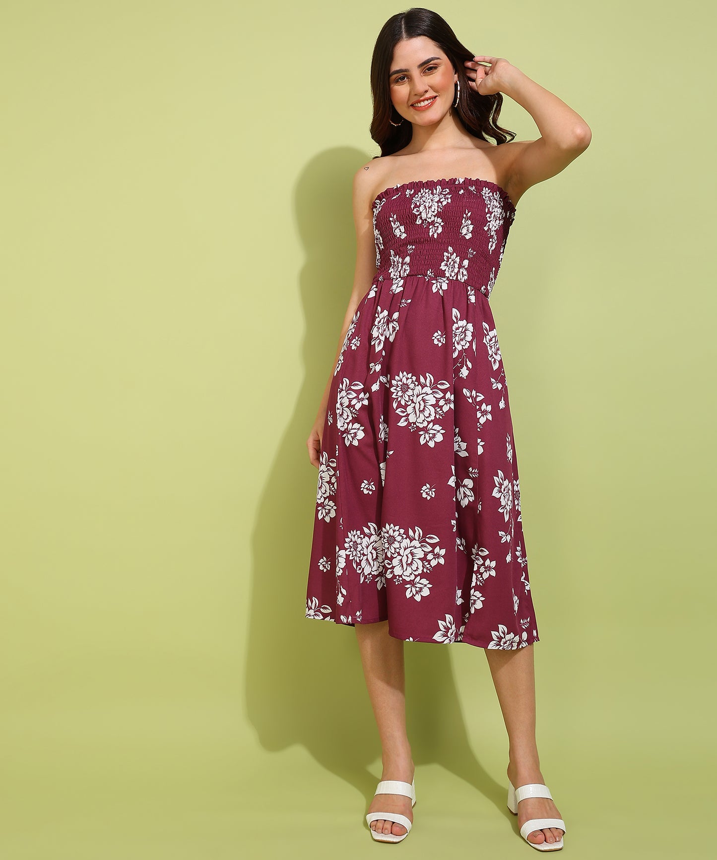 Women's Maroon Floral Strapless Smocked Midi Dress – Casual Summer Outfit