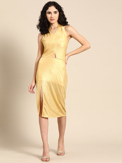 Women's Golden Sleeveless Bodycon Dress with Front and Side Slit