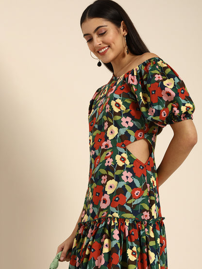 Multicolor One Shoulder Floral Print Mini Dress with Puff Sleeves