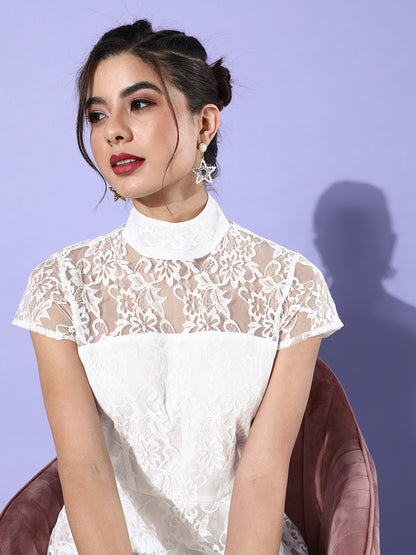 Elegant White Lace Fit & Flare Dress with High Neck Timeless & Graceful
