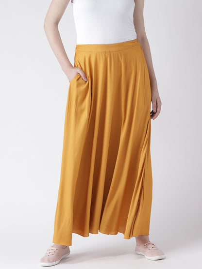 Women's Mustard Yellow Flared Palazzo Pants with Pockets – Solid Rayon Wide-Leg Bottoms