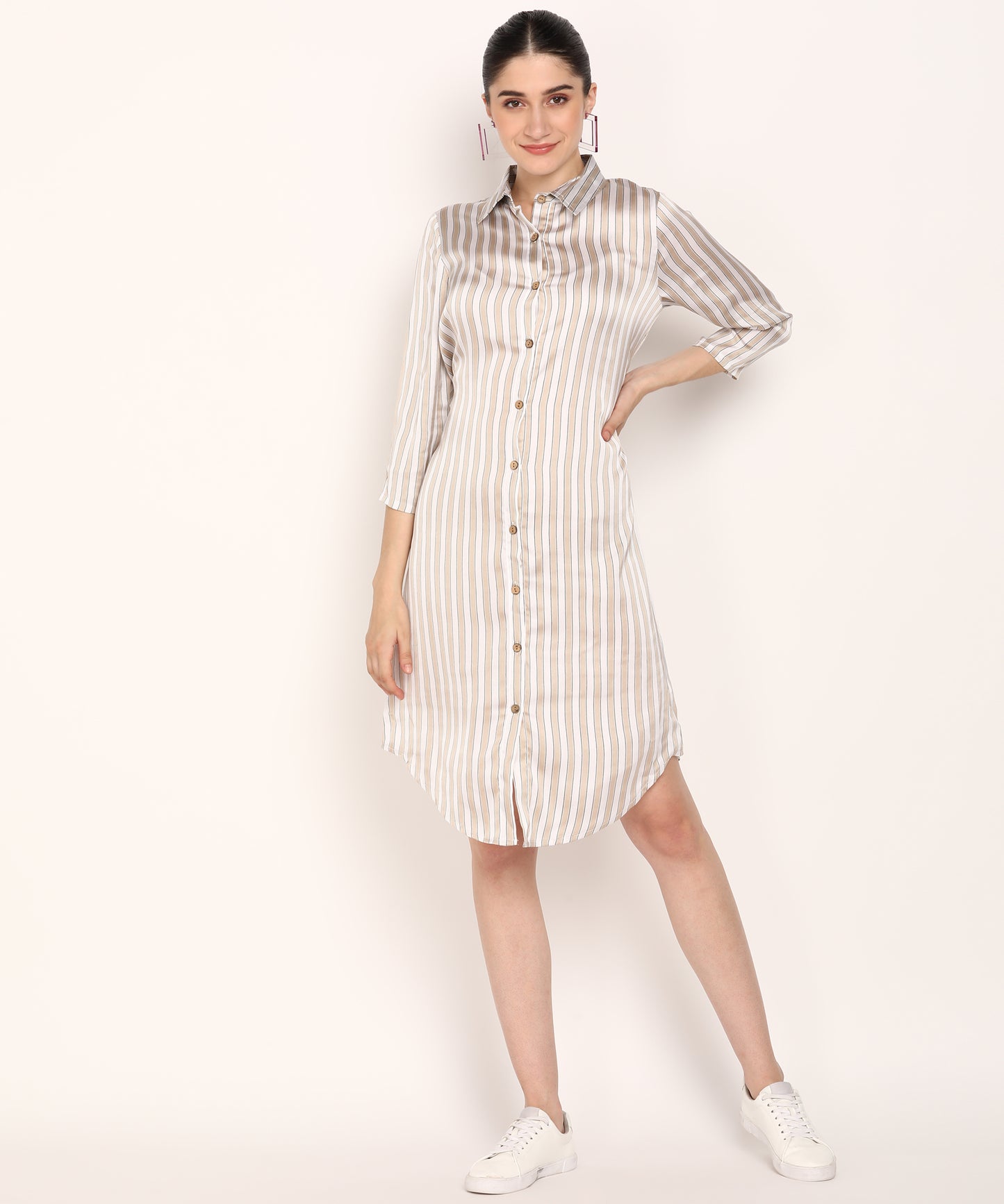 Women's Beige & White Vertical Striped Shirt Dress with 3/4 Sleeves