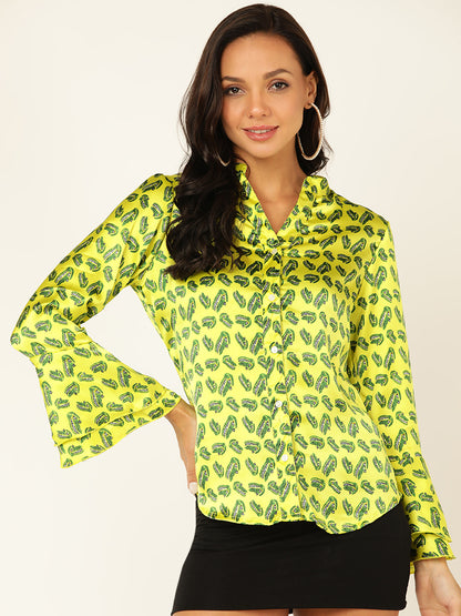 Women's Bright Yellow Leaf Print Shirt with Bell Sleeves