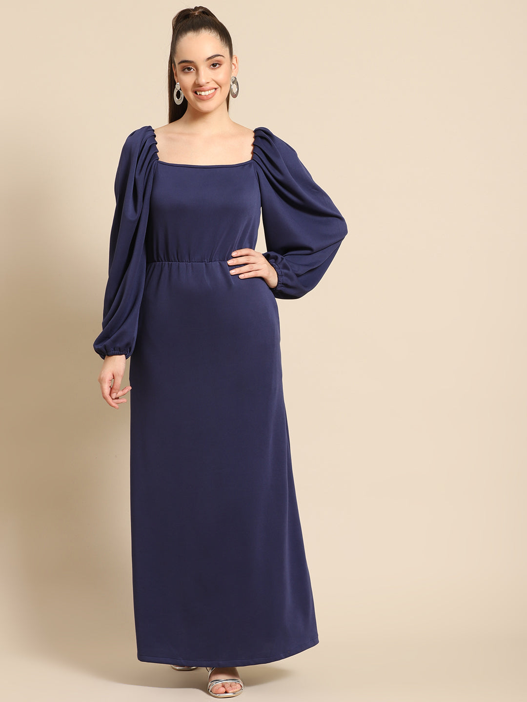 Elegant Navy Blue Maxi Dress for Women – Long Puff Sleeve Evening Gown with Square Neck