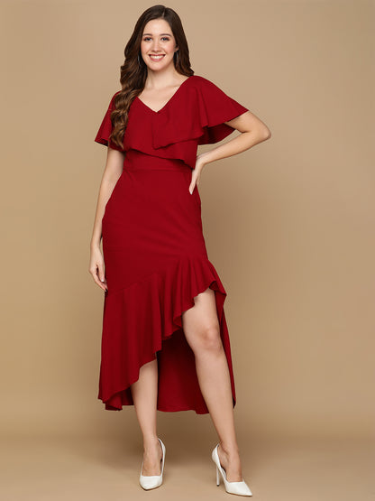 Elegant Maroon Ruffle High Low Dress for Women | Party Wear Midi Dress