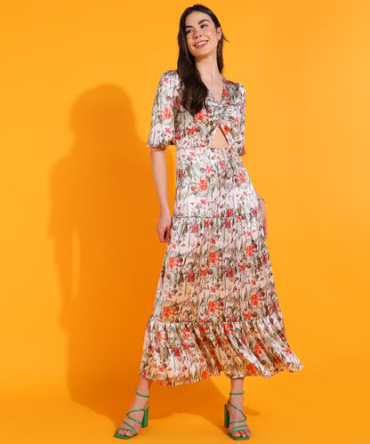 White Floral Print Cut-Out Midi Dress with Puff Sleeves – Boho Summer Dress for Women