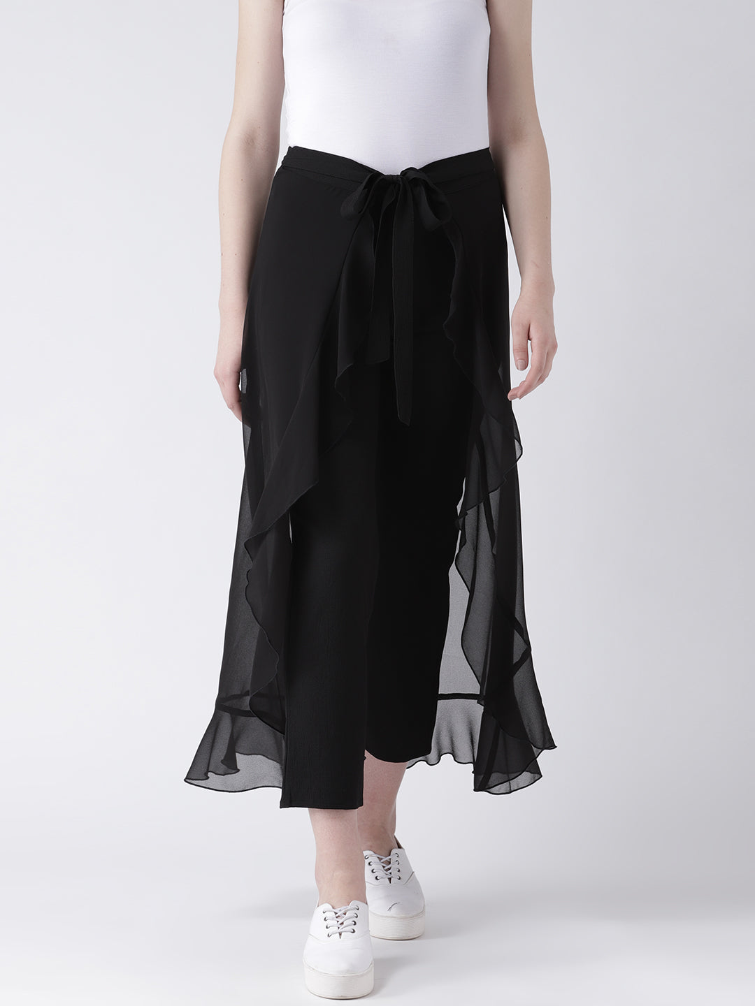 Black Layered Overlay Tie-Up Trousers for Women – Stylish Semi Sheer Pants