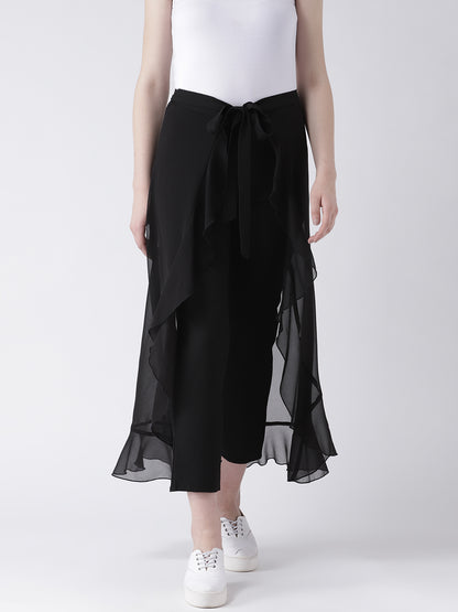 Black Layered Overlay Tie-Up Trousers for Women – Stylish Semi Sheer Pants