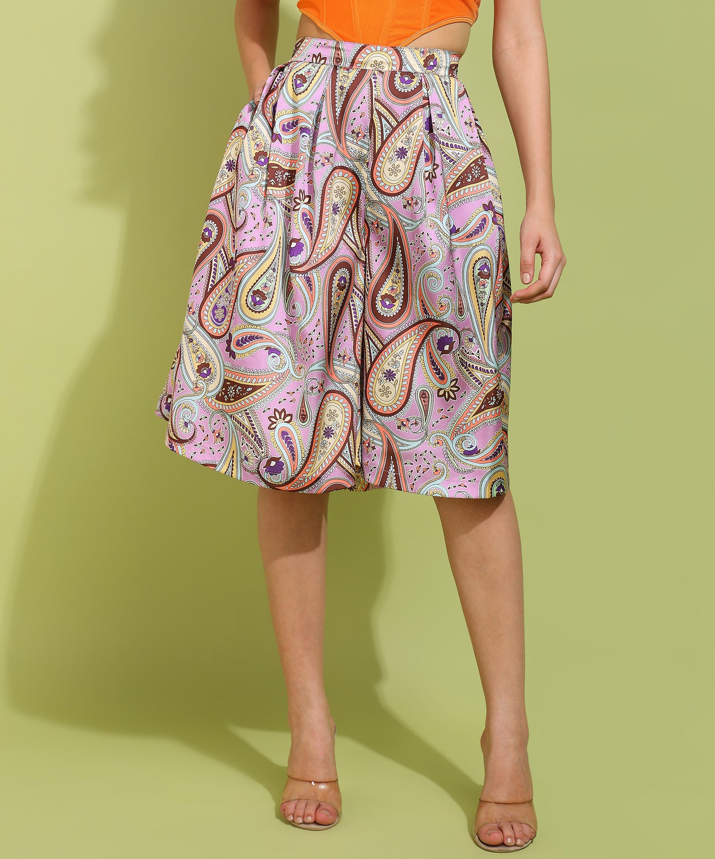 Multicolor Paisley Print Midi Skirt with Pleats for Women