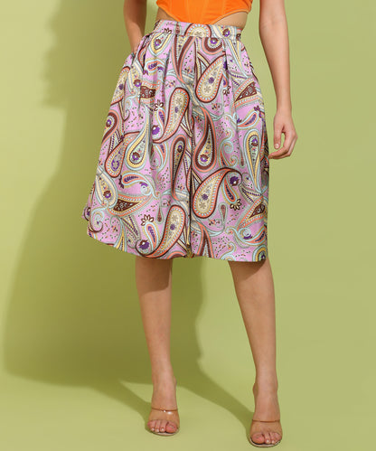 Multicolor Paisley Print Midi Skirt with Pleats for Women