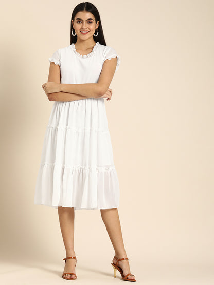 White Ruffle Detail Tiered Midi Dress with Cap Sleeves