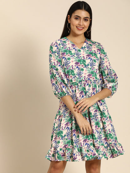 Multicolor Floral Printed Mini Dress with Puff Sleeves – Casual & Summer Wear