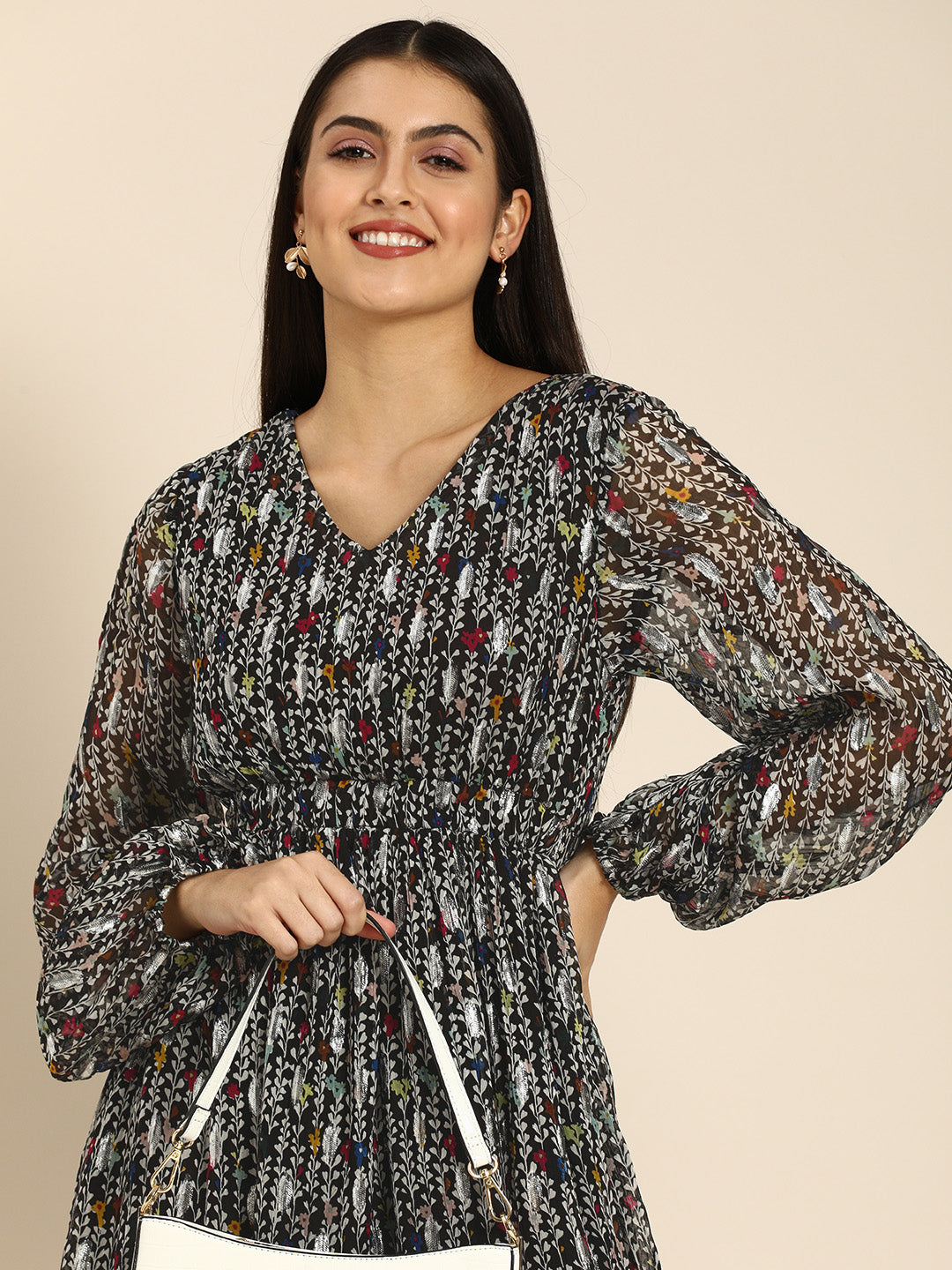Black Floral Pleated Georgette Mini Dress with Sheer Sleeves