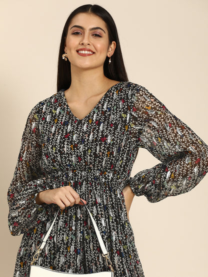Black Floral Pleated Georgette Mini Dress with Sheer Sleeves