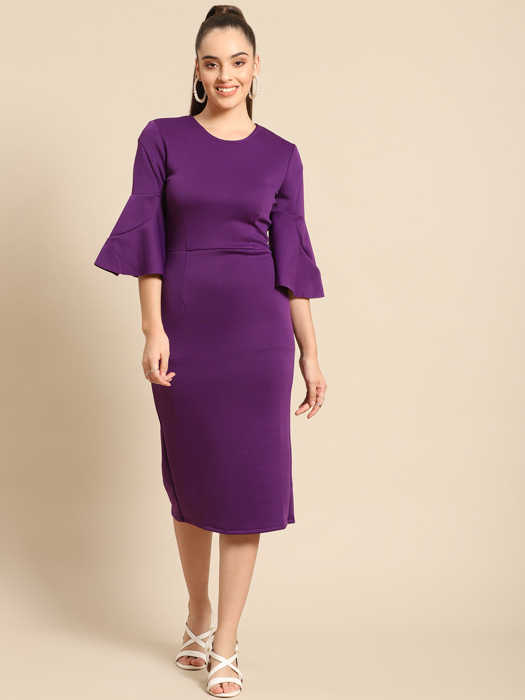 Elegant Purple Bodycon Midi Dress for Women with Flared Sleeves – Party & Office Wear