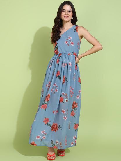 Blue One Shoulder Floral Maxi Dress for Women | Elegant Summer Long Dress