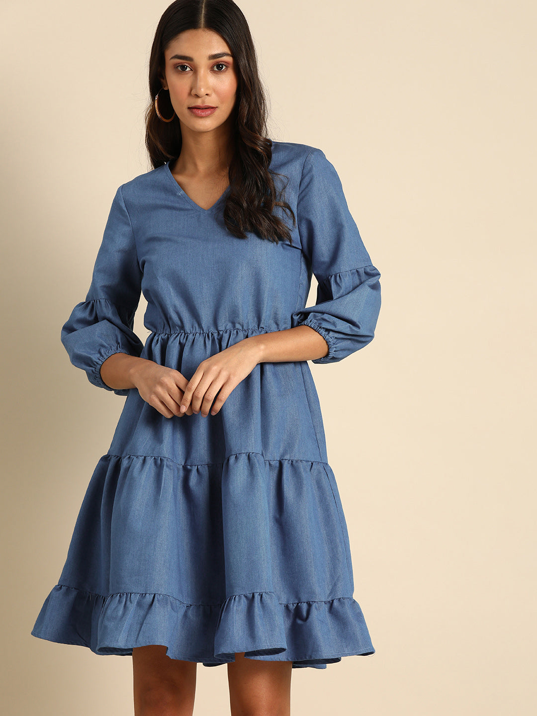 Blue Denim Tiered Mini Dress for Women with V-Neck and Ruffle Hem