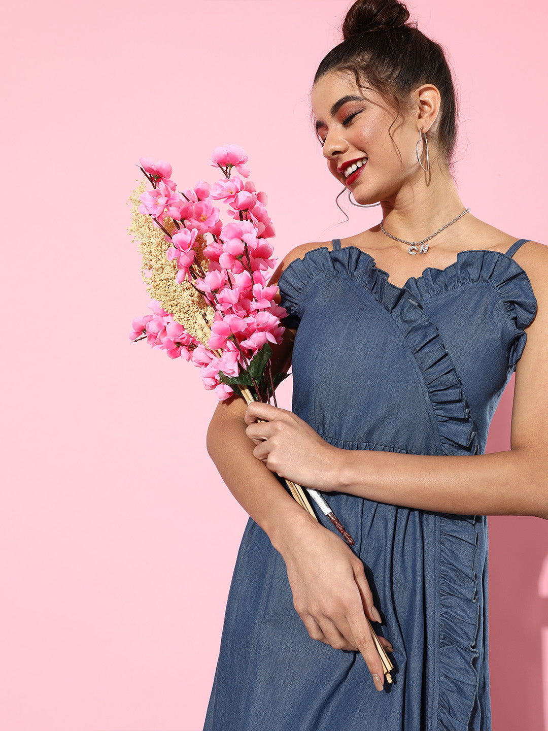 Denim Blue Ruffle Strap Dress Sleeveless Casual Chic for Everyday Wear