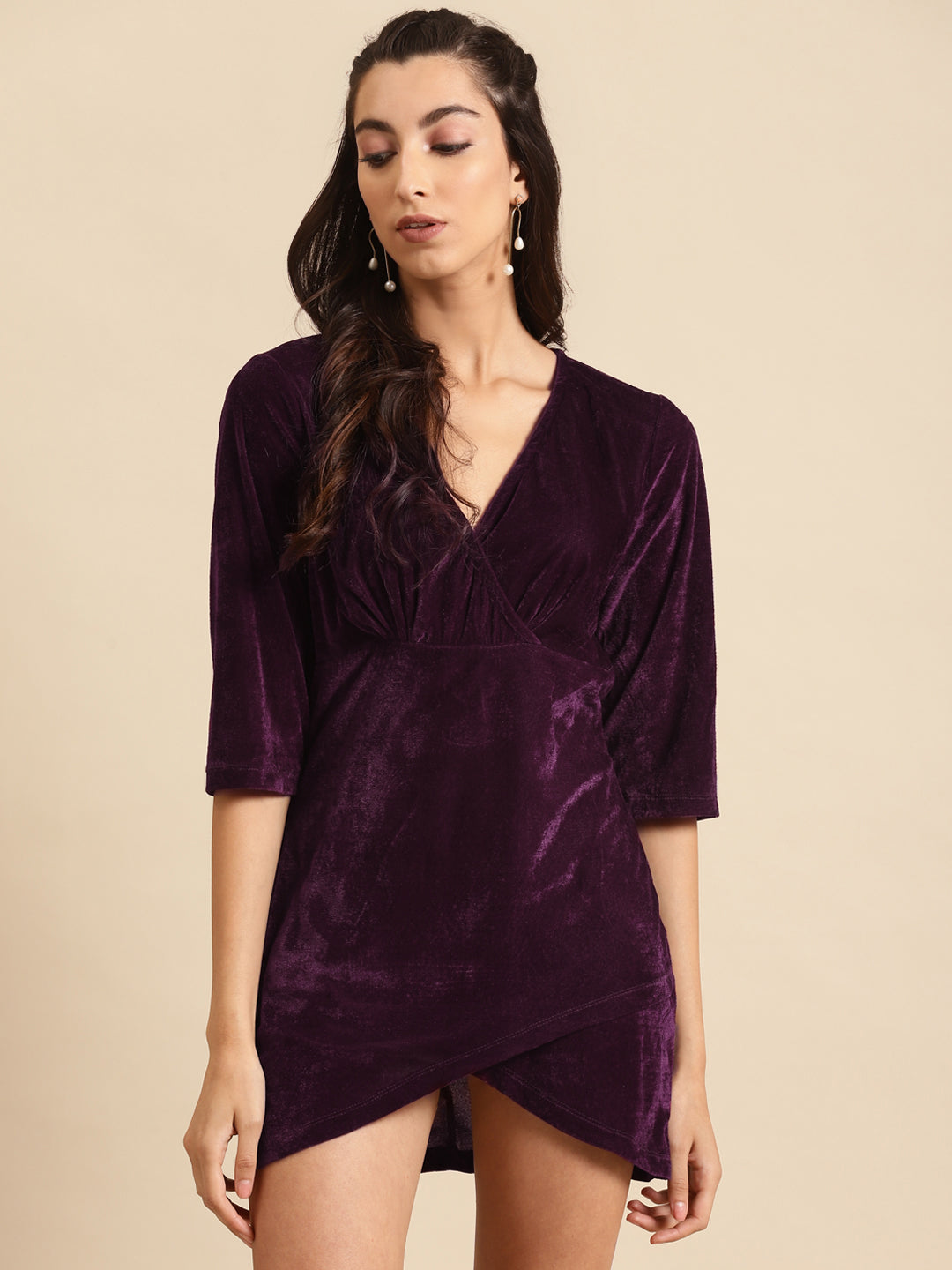 Purple Velvet Wrap Mini Dress with 3/4 Sleeves