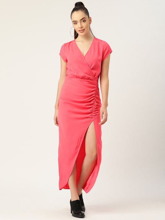 Coral Pink Ruched Wrap Midi Dress for Women – V-Neck Slit Dress for Party & Casual Wear