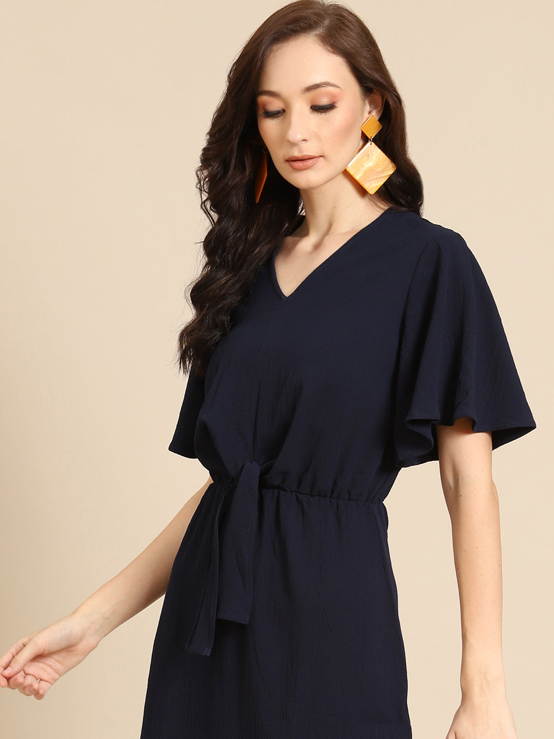 Elegant Black Knee-Length Dress for Women | V-Neck Tie-Waist Casual Dress