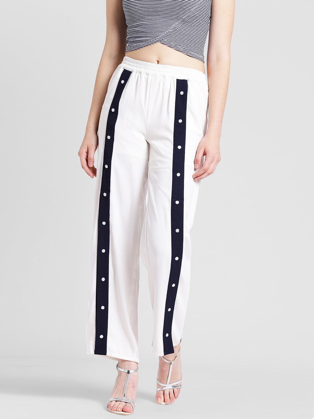 Women's White Track Style Pants with Navy Blue Side Button Detail – Casual Sporty Look